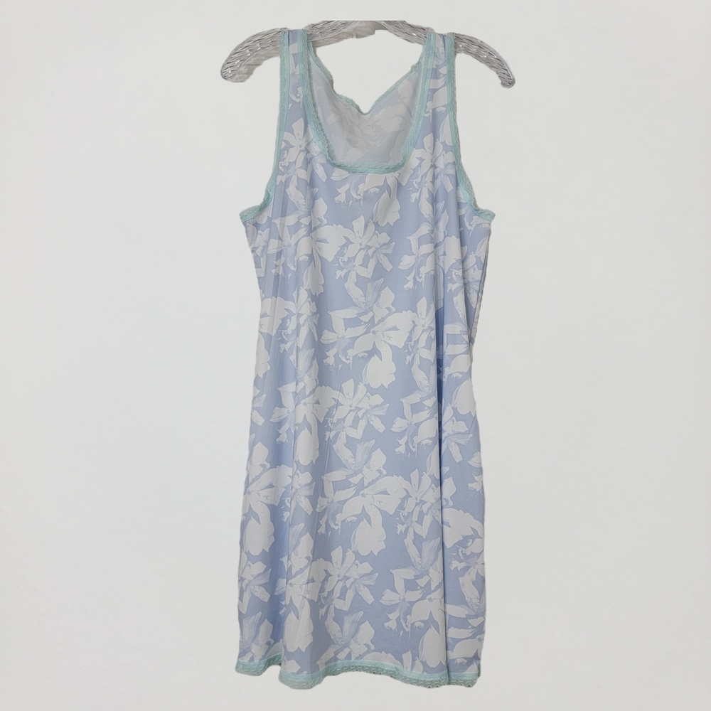 Tracy Blue White Floral Tank Slip Chemise Sleeveless Nightgown Lace Trim. Sz-L